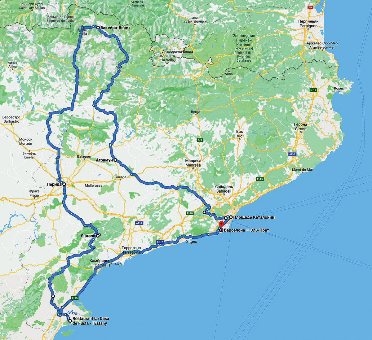 Карта маршрута на автомобиле Audi по Каталонии