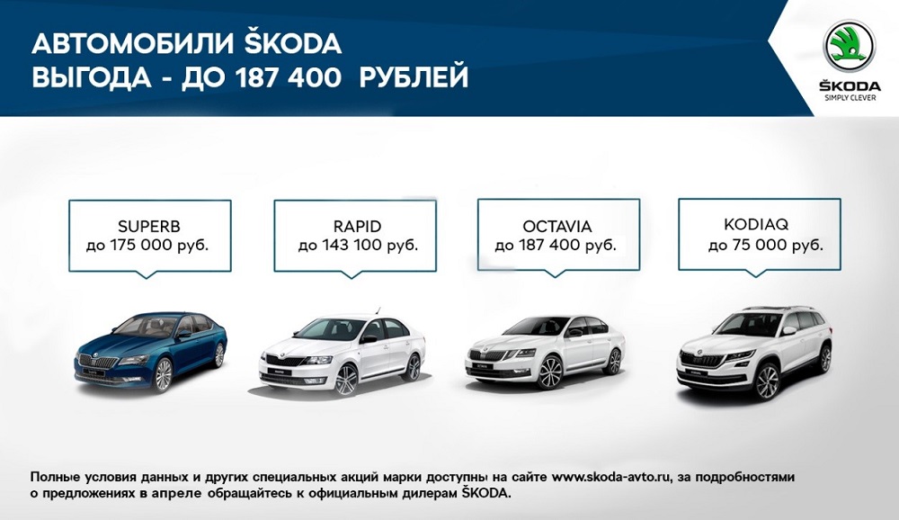 Скидки на Skoda в апреле: выгода до 187 400 рублей
