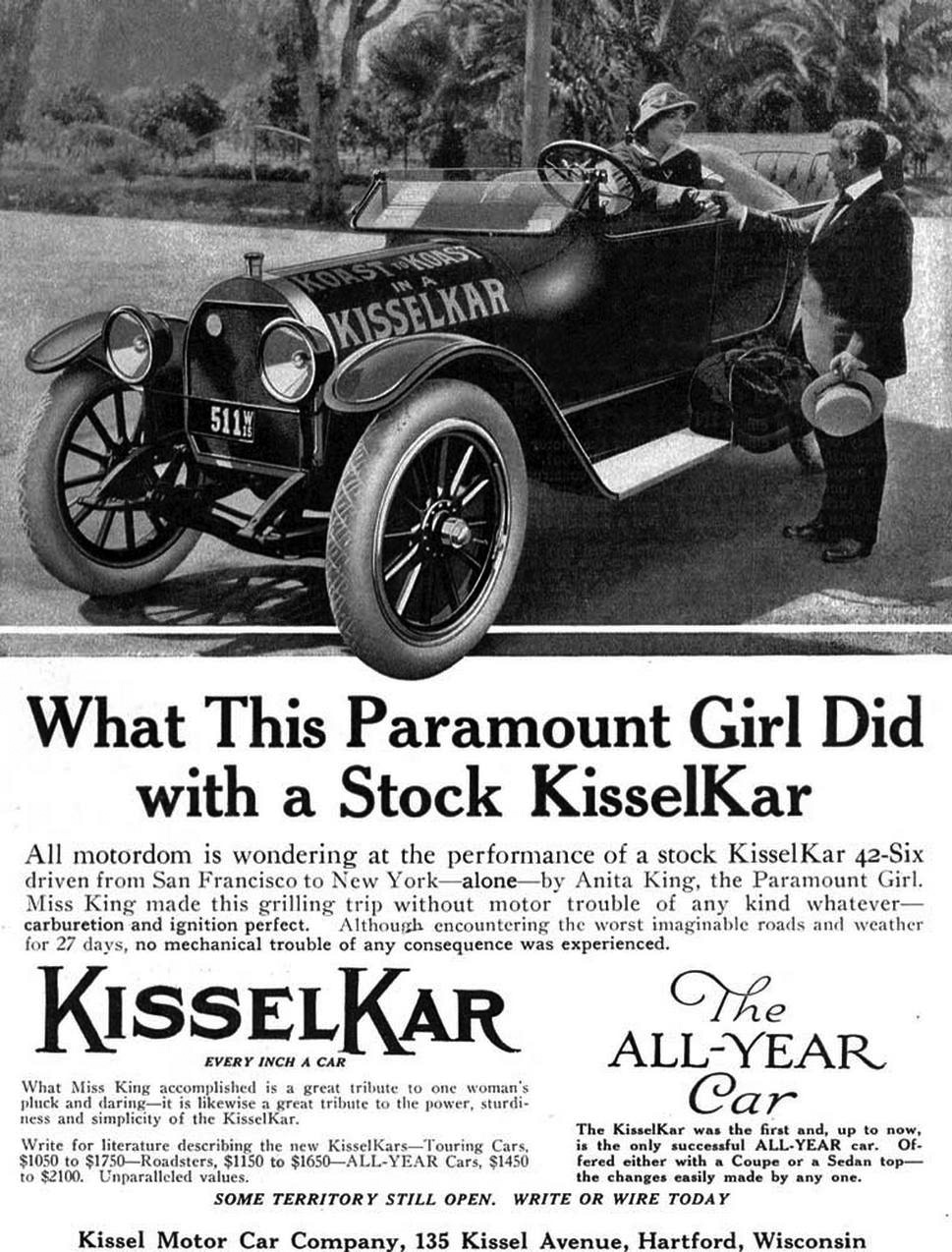 Реклама Kissel Kar, на каком киноактриса Анита Кинг в 1915 году за 48 дней пересекла США от побережья до побережья.