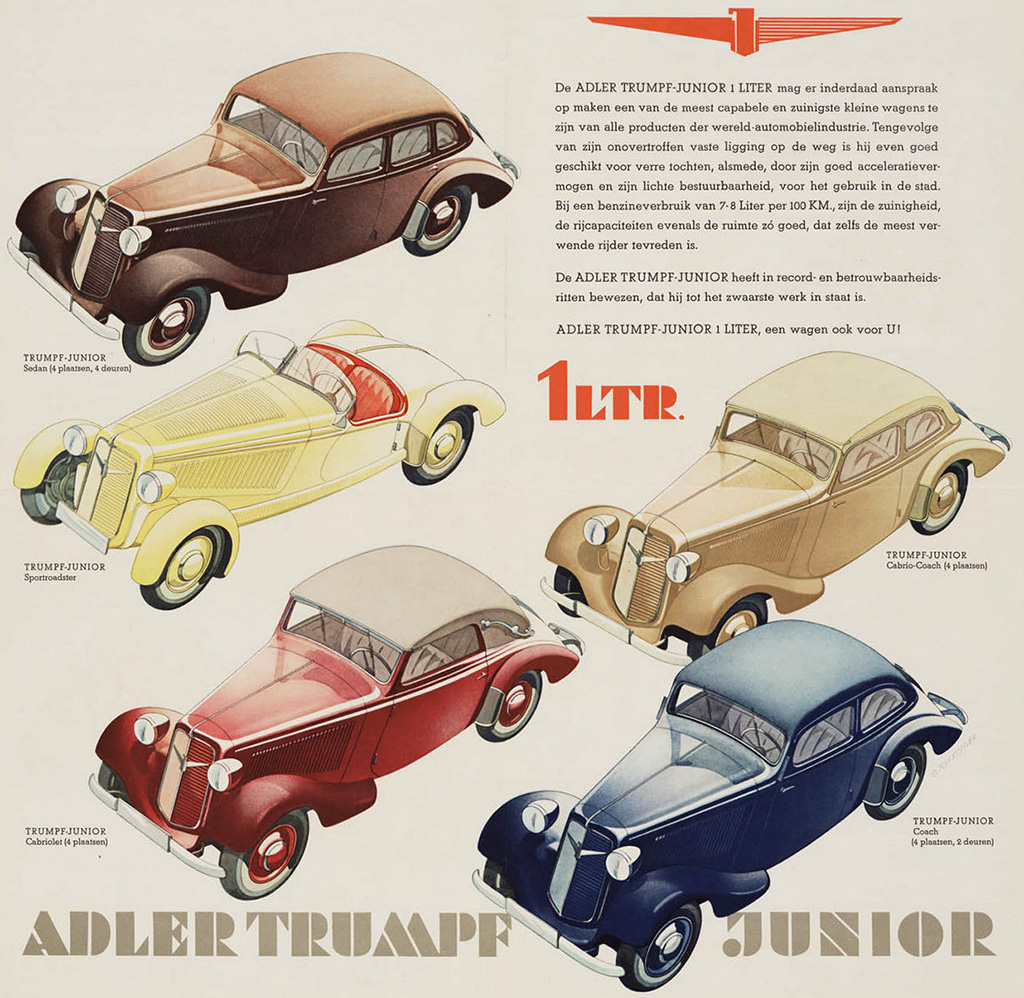 Завод Adlerwerke vorm. H. Kleyer AG во Франкфурте-на-Майне с 1932 года выпускал переднеприводную модель Trumpf, то есть, «Козырь». Она имела успех, и в 1934‑м к ней добавили «молодёжную» Trumpf Junior, тоже весьма успешную. Как известно, от слова Trumpf происходит фамилия Трамп.
